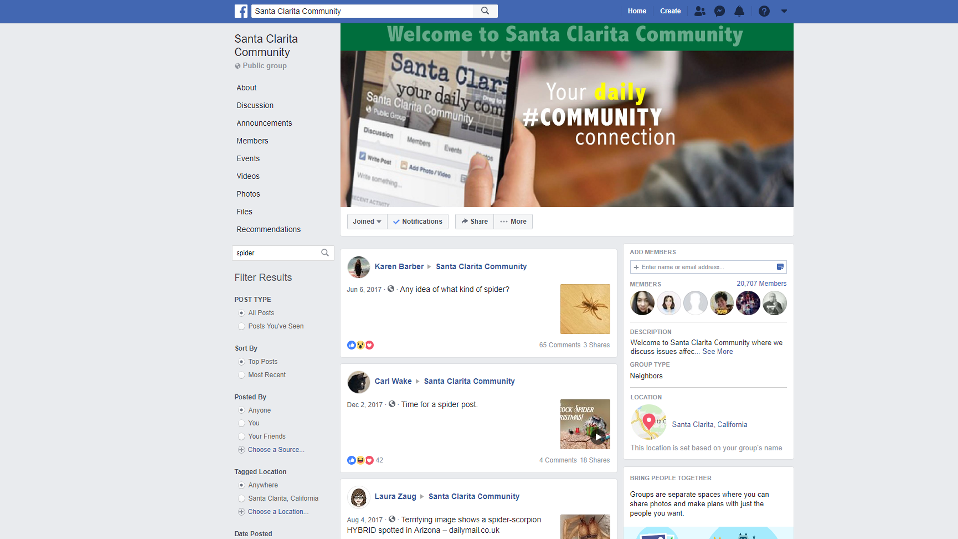 Santa Clarita Community Facebook Group Celebrates 1000th “Spider” post of 2019